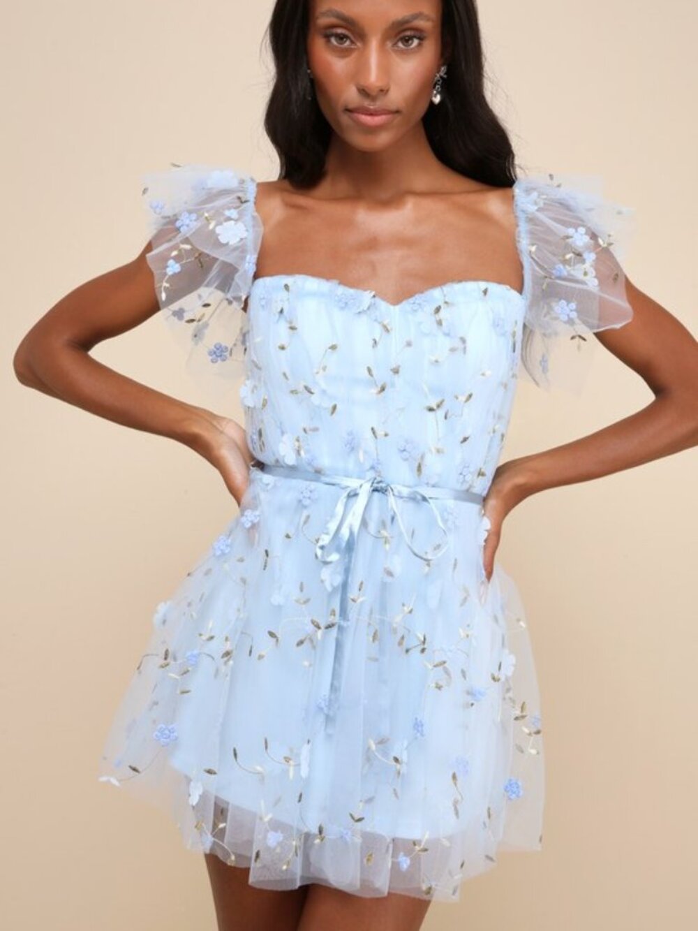 Lulus Darling Grace Light Blue Tulle Embroidered Flutter Sleeve Romper - Size XS